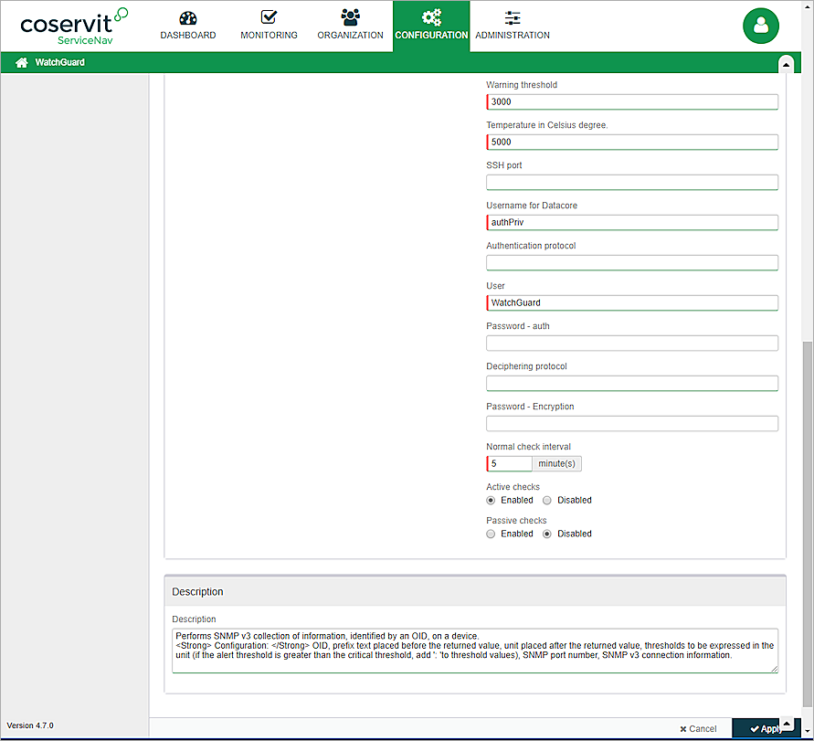 Screen shot of the Template configuration